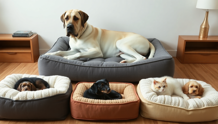 i want a great dane in the back laying on a large pet bed, in front on the floor make different beds with dogs and cats in them. i want to show off my pet bed blog
