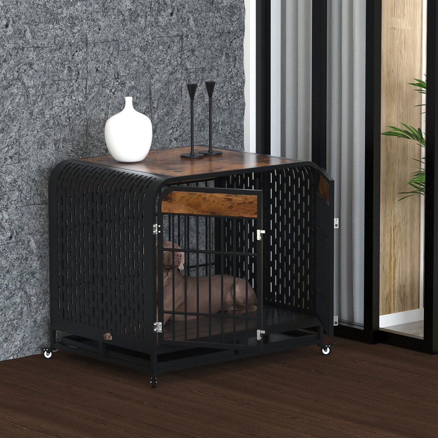 Heavy Duty 42 inch Wooden Table Top Wheeled Furniture Dog Crate