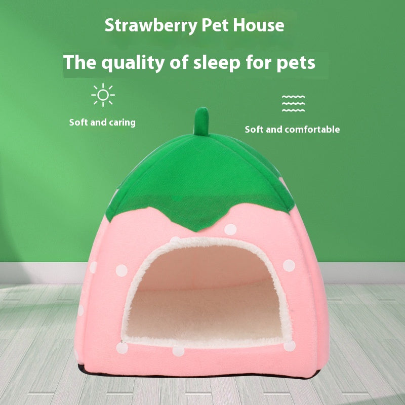 Plush Strawberry Pet Cat Nest - Cozy Cave