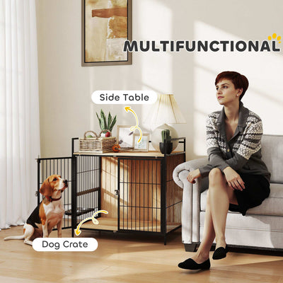 Dog Crate Furniture Side Table With Rotatable Bowls - Premium Pet Kennel End Table