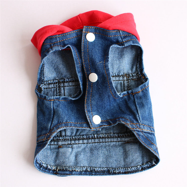 Denim dog coat with red lining on a white background