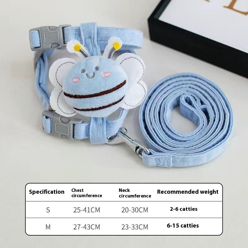 Pet collar and leash set with a bee design on a light gray background