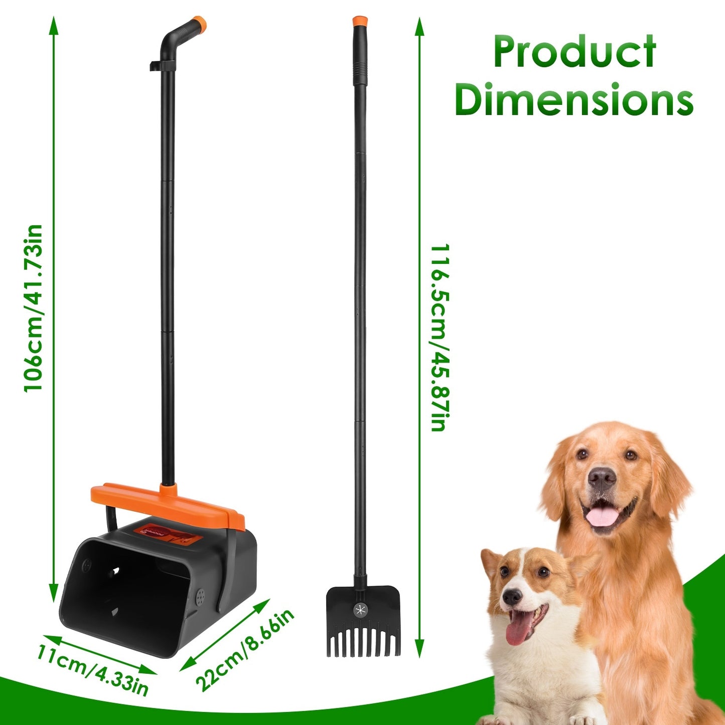 Pooper Scooper Kit Dog Poop Rake & Swiveling Bin Poop Heavy Duty Pick Up Tool With Extra Long Handle 35 Waste Bags Dispenser