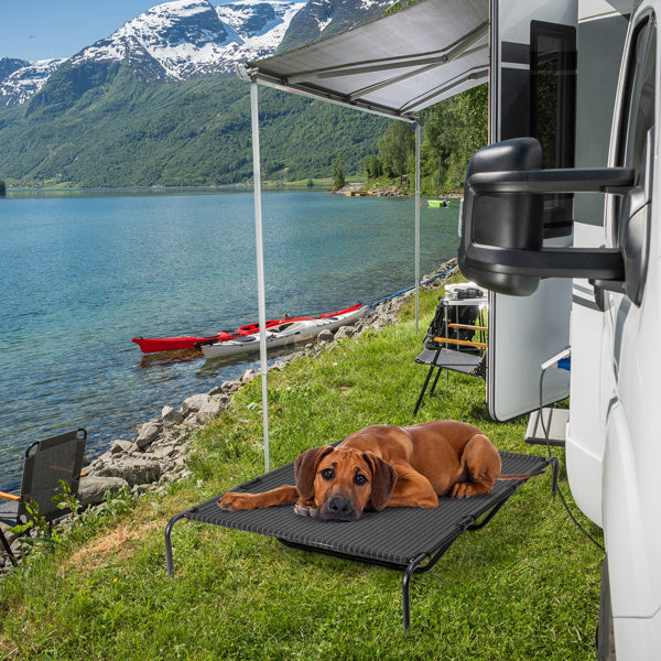 Dog lying on a pet bed next to an RV by a lake with mountains in the background