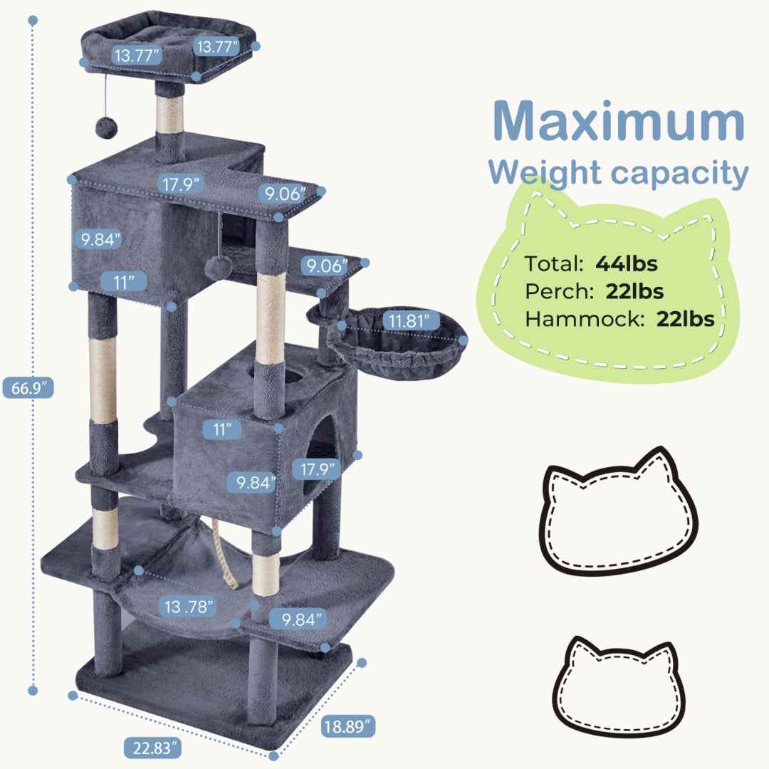 66-Inch Cat Tree Tower - Multi-Level with 2 Condos & Hammock - Purrfect Pet Haven