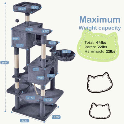 66-Inch Cat Tree Tower - Multi-Level with 2 Condos & Hammock - Purrfect Pet Haven