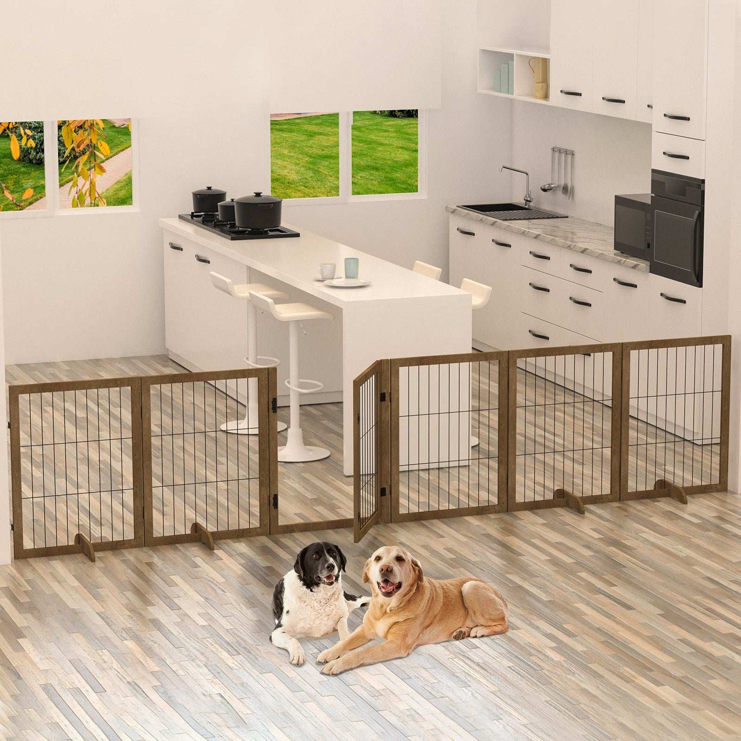 Dog Gate with Door - 6 Panel Pet Fence Barrier 144 Inch - Purrfect Pet Haven