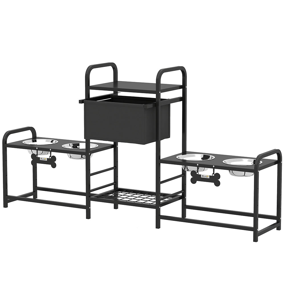 Dog Bowl Stand Dual Station - 4 Bowls 3 Heights Storage Bin