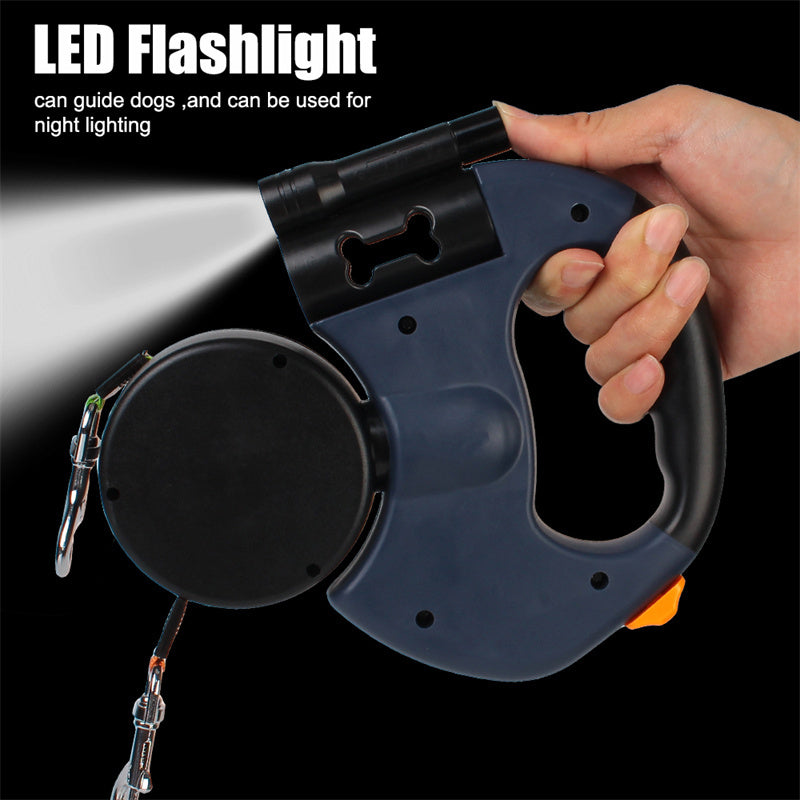 Reflective Swivel Dual Pet Retractable Dog Leash For Small Dogs with Light and Bag Holder