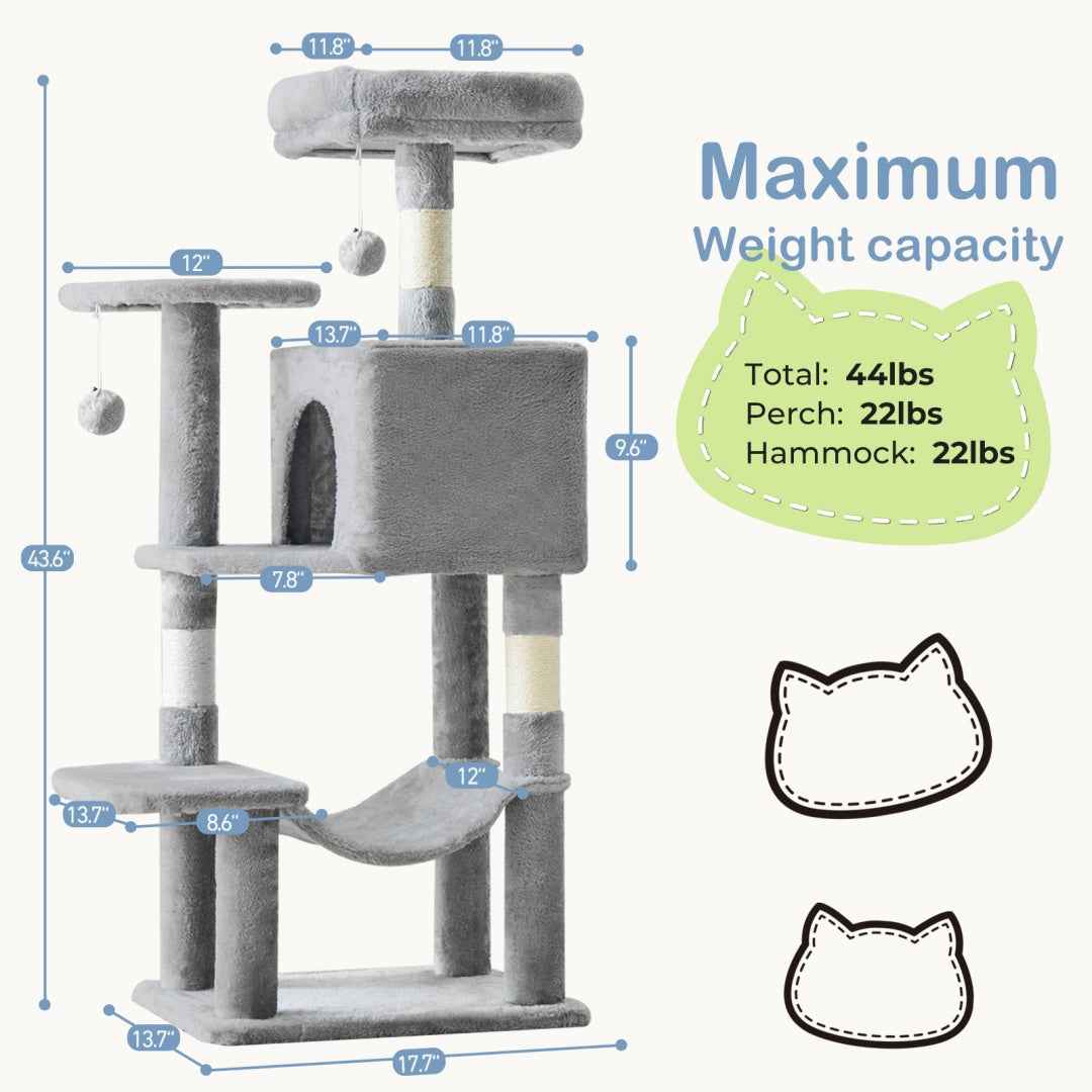 44-Inch Cat Tree - Multi-Level with Hammock & Sisal Posts - Purrfect Pet Haven