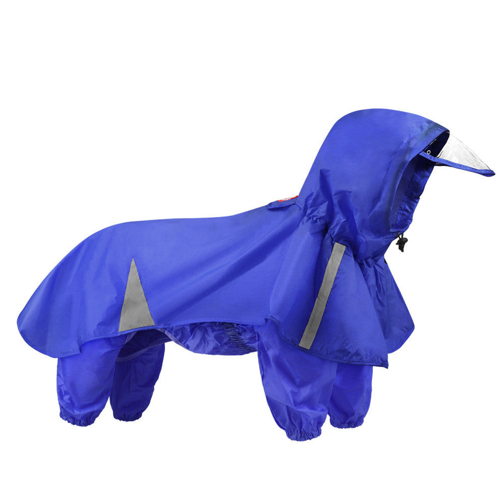 Blue dog raincoat with a hood on a white background