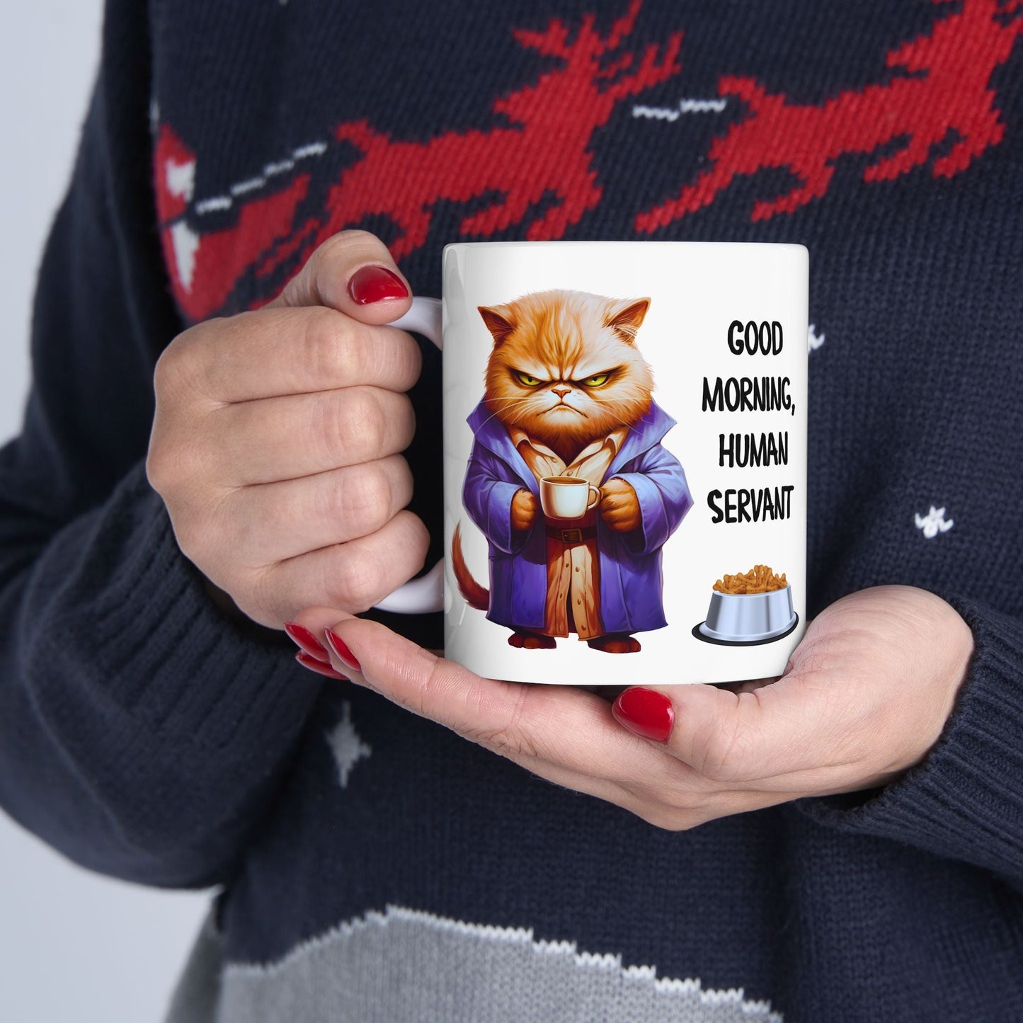 Funny Cat Mug - "Good Morning, Human Servant" - 11oz & 15oz Ceramic Coffee Cup | Purrfect Pet Haven