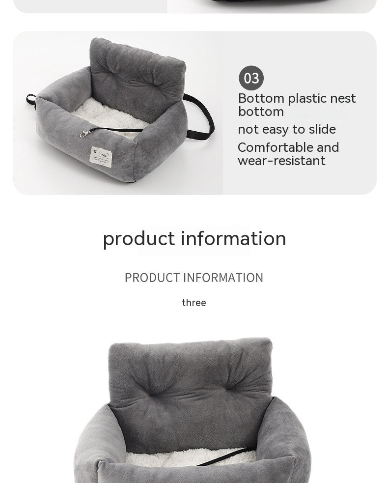 Gray pet bed with text on a white background