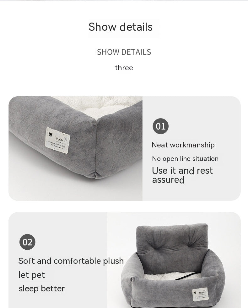 Gray pet bed with plush cushion on a white background