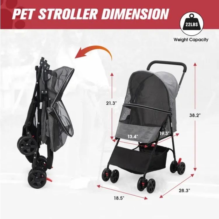 Foldable Pet Stroller, Small Dog Cat Stroller With Storage Basket For Small Puppies, Gray And Black