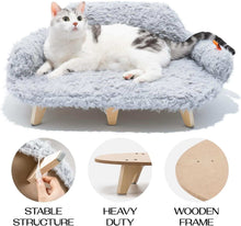 Cat lying on a fluffy pet bed with wooden legs, surrounded by insets showing stability and material details.