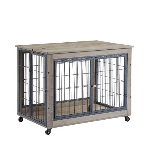 Furniture Style Dog Cage Side Table with Wheels Double Doors and Raised Top