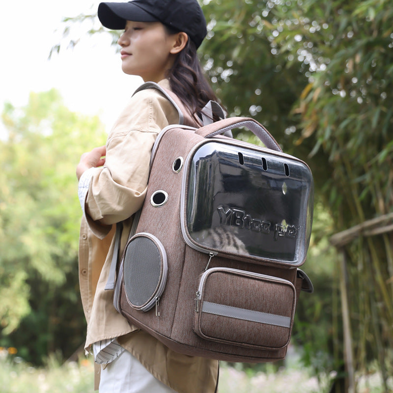 Person wearing a brown pet carrier backpack outdoors