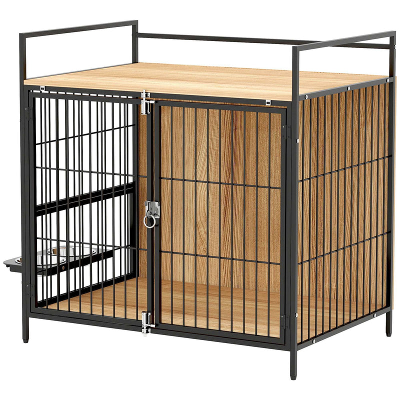 Dog Crate Furniture Side Table With Rotatable Bowls - Premium Pet Kennel End Table