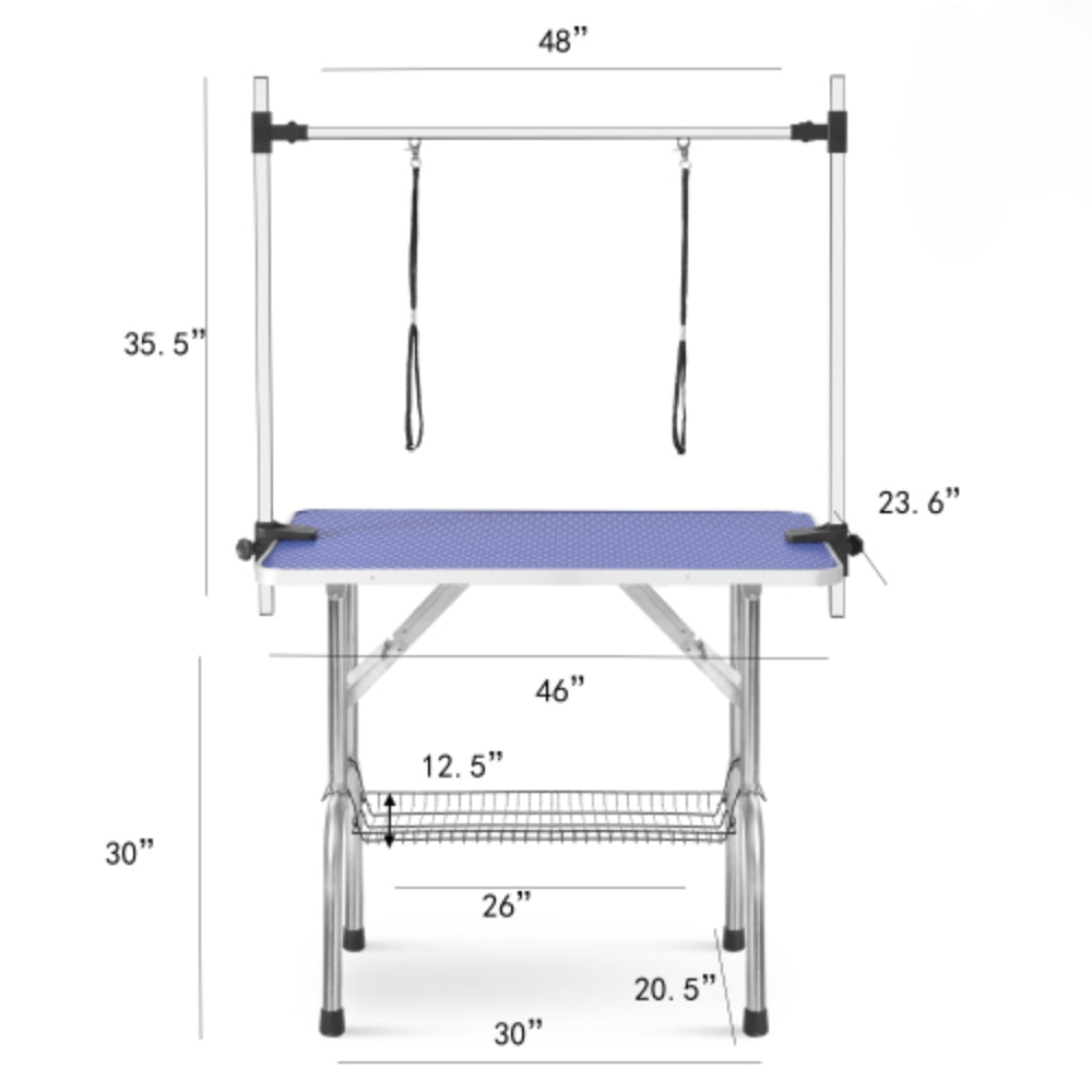 Adjustable Heavy Duty Dog Grooming Blue Table with Arm Noose and Mesh Tray | Purrfect Pet Haven