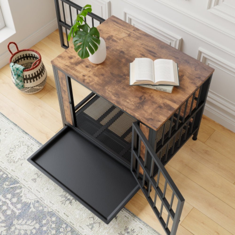Stylish Rustic Brown Wooden Dog Crate Table with 2 Sliding Doors | Purrfect Pet Haven
