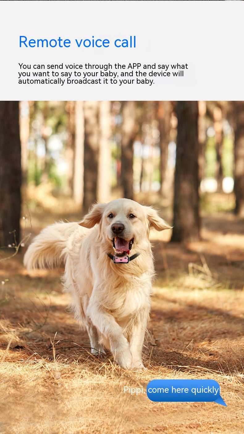 Dog running through a forest with a text overlay about remote voice calls.