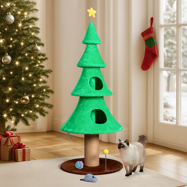 Christmas Tree Cat Tower - 59in Tall with Condos & Scratching Post - Purrfect Pet Haven