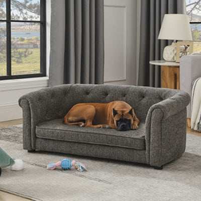 Pet Sofa With Arc-shaped Backrest And Armrests, Contemporary Rectangular Pet Sofa Crafted From Breathable Linen Cozy Soft Cushion Dog Sofa