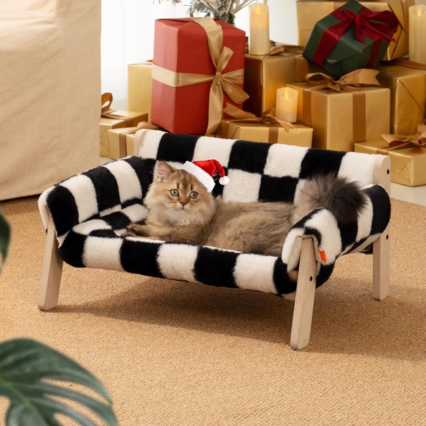 Raised Cat Bed - Wooden Legs Checkerboard