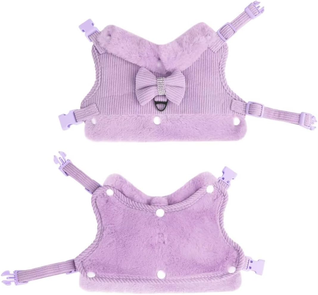 Warm Fur Collar Soft Padded Small Girl Pet Harness and Leash Set with Bow Tie