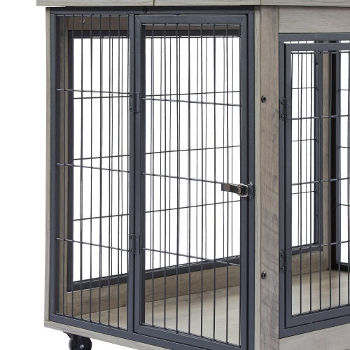 Furniture Style Dog Cage Side Table with Wheels Double Doors and Raised Top