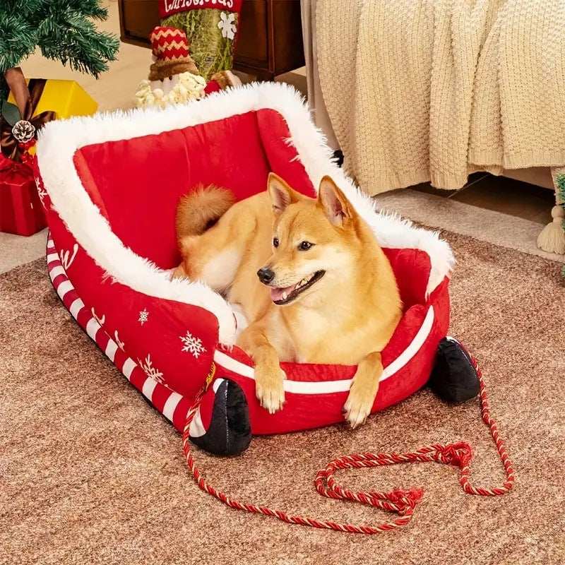 Christmas Sled Pet Bed with Reindeer Design for Small Dogs - Purrfect Pet Haven