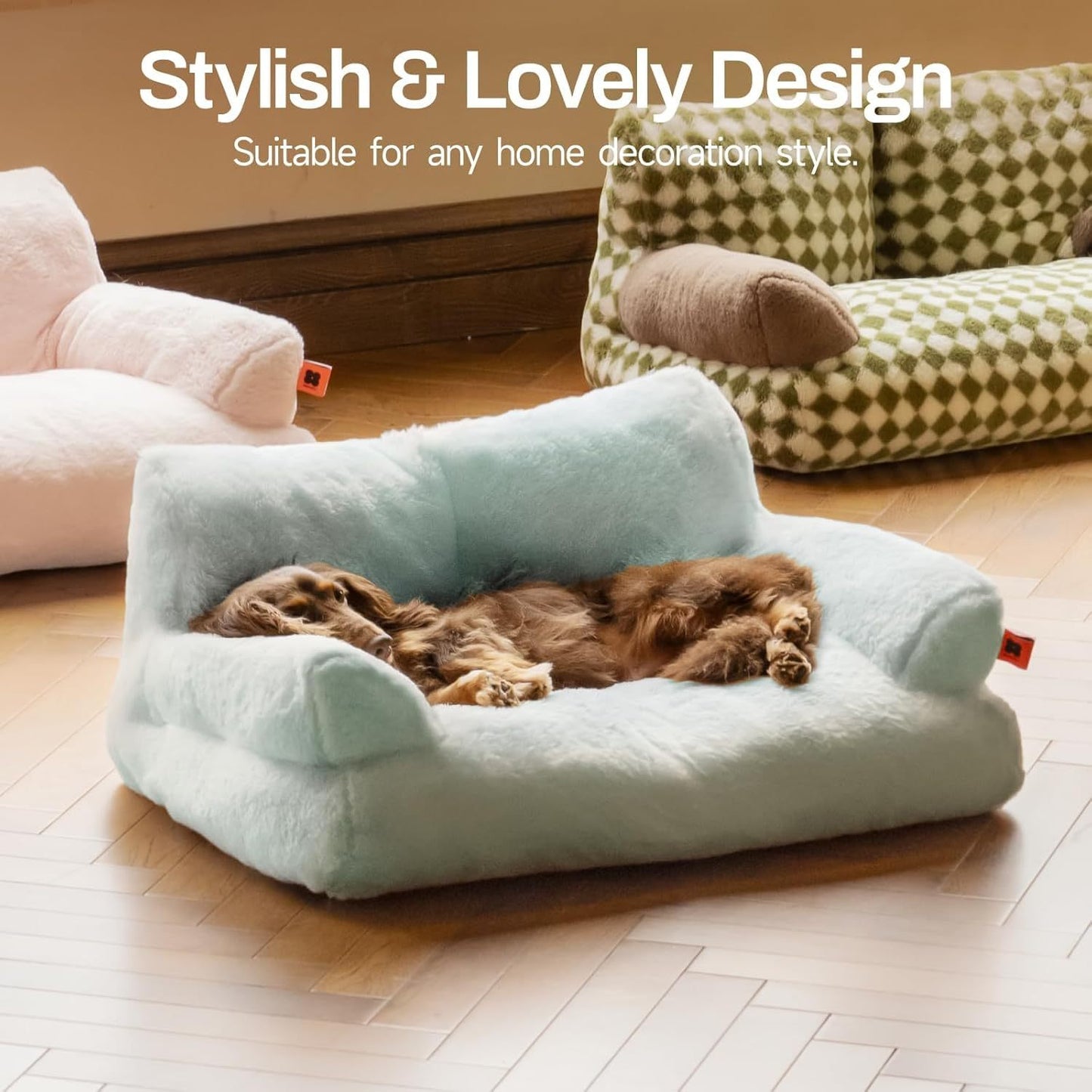 MEWOOFUN Plush Cat Bed For Indoor Cats - Washable 26x19x13 Inch Pet Couch With Non-Slip Bottom, Fluffy Small Dog Bed For Puppies & Kittens, Blue