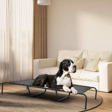 Dog lying on a pet bed in a living room with a couch and curtains in the background.