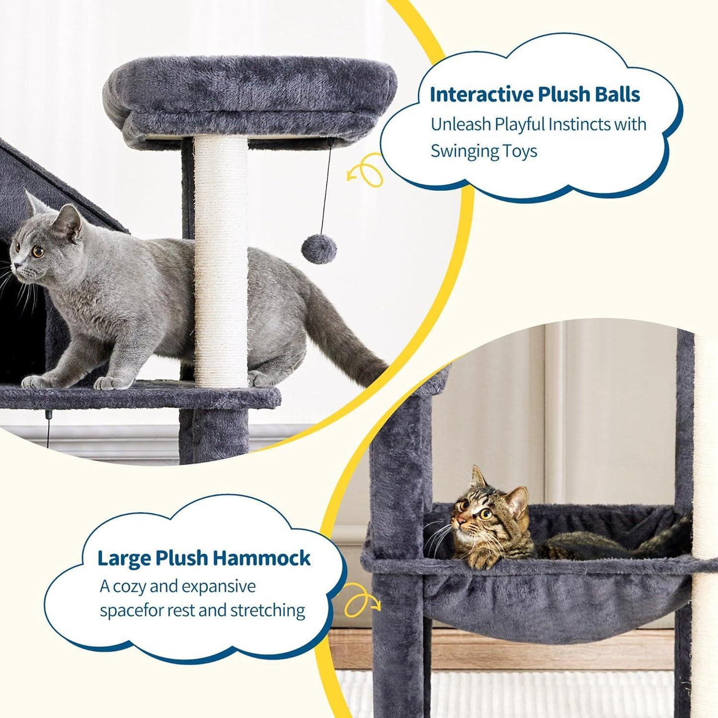 60 Inch Multi-Level Cat Tree For Indoor Cats With Plush Hammock
