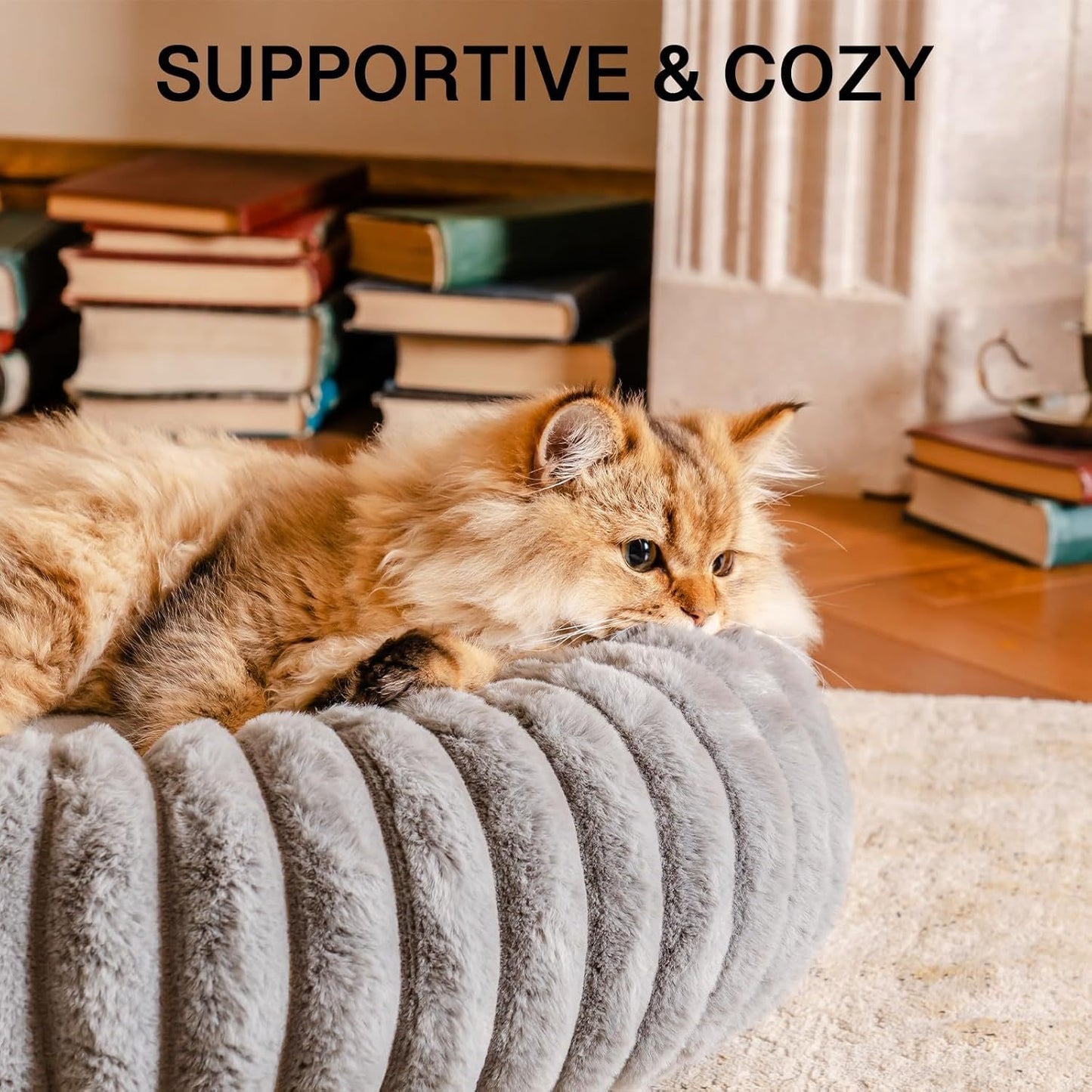 Fluffy Grey Round Pet Bed - Calming
