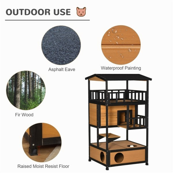 Outdoor cat play structure with material options displayed.