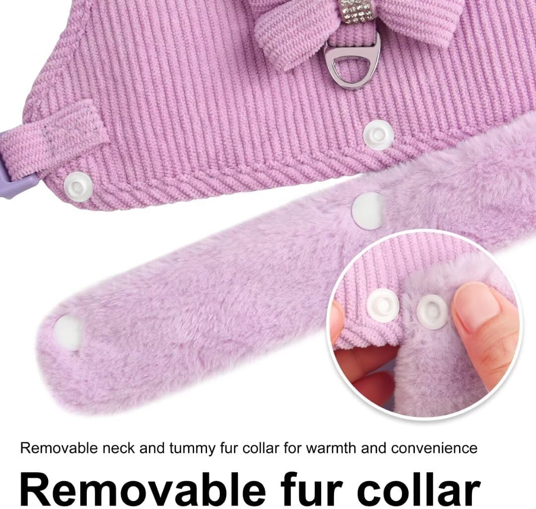 Warm Fur Collar Soft Padded Small Girl Pet Harness and Leash Set with Bow Tie