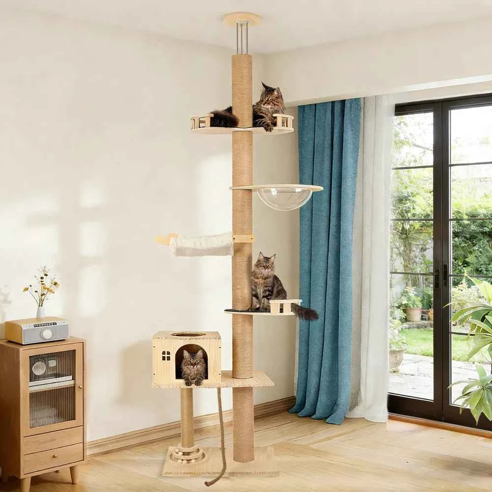 Floor To Ceiling Cat Tree, 6 Level Adjustable Height Climbing Tower With Thickened Scratching Posts, Cats Activity Center With Transparent Capsule And Cozy Hammock