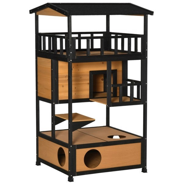 Multi-level cat play structure with wooden platforms and black metal frame on a white background