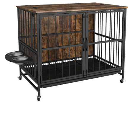 Multifunctional Furniture Crate Dog Cage with Removable Trays and Feeding Station