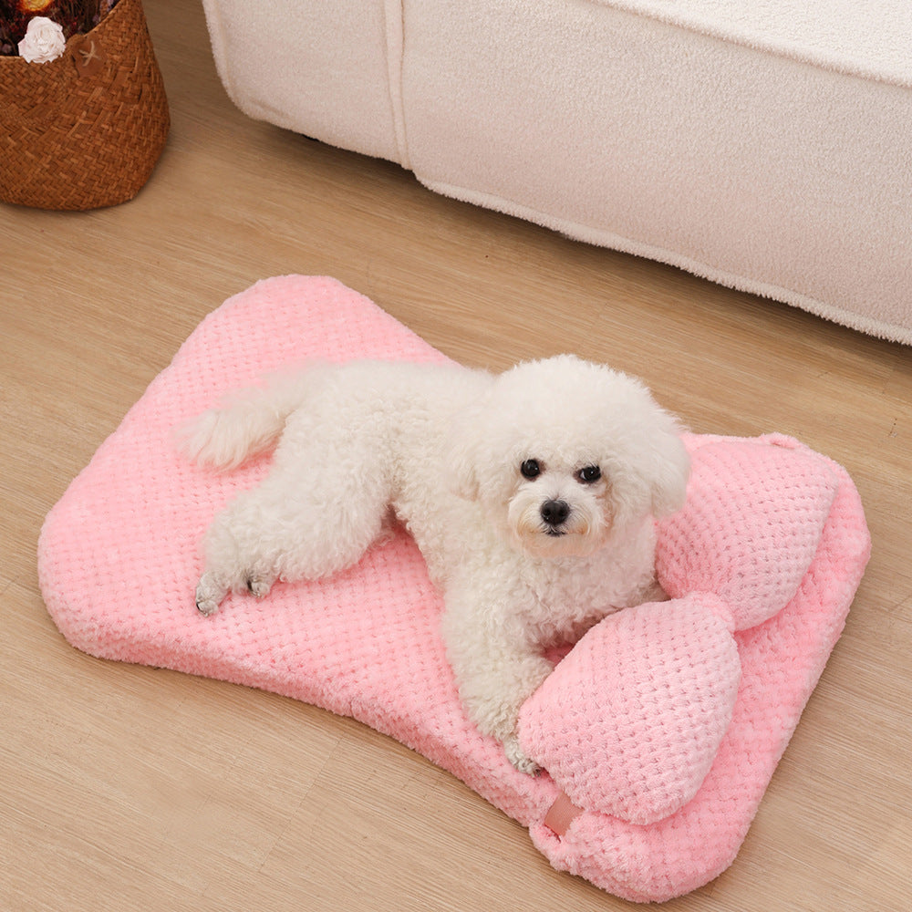 Soft Plush Calming Cushion Pet Bed Mat with Pillow - Fits Dogs Cats