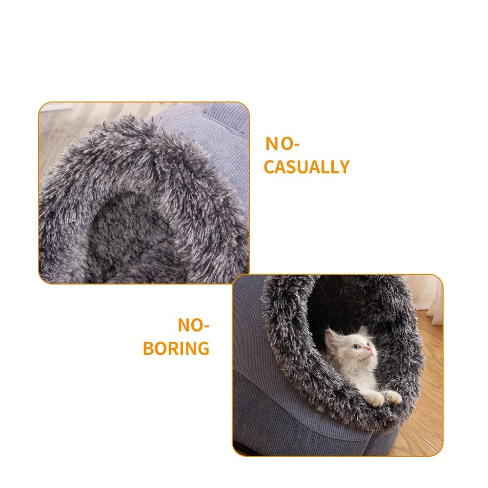 Gray fluffy pet bed with a cat inside, labeled 'NO-CASUALLY' and 'NO-BORING'.