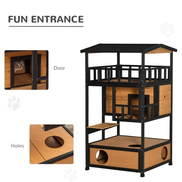 Multilevel cat play structure with wooden panels and black frames, featuring a door and holes.