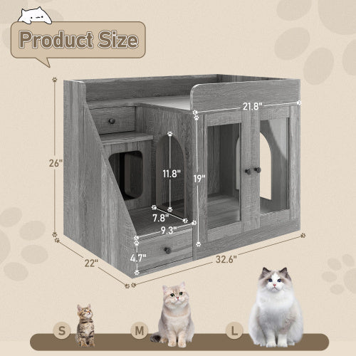 GO Cat Litter Box Enclosure With Light , Hidden Litter Box Furniture With 2 Storage Drawers, Indoor Cat House Side Table For Living Room
