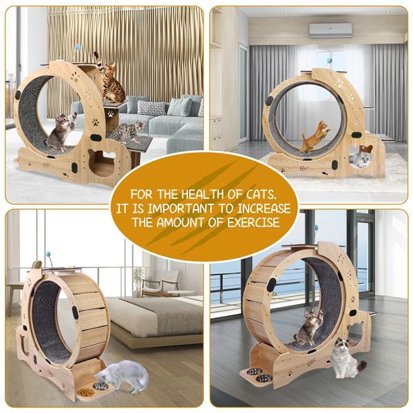 Collage of a wooden cat exercise wheel in various indoor settings with cats using it.
