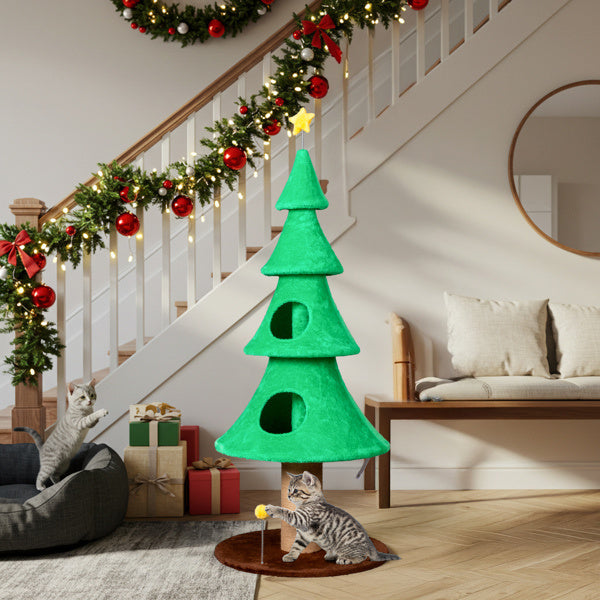 Christmas Tree Cat Tower - 59in Tall with Condos & Scratching Post - Purrfect Pet Haven