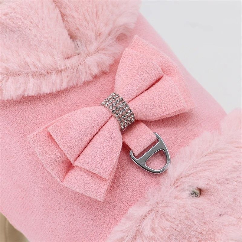 Warm Fur Collar Soft Padded Small Girl Pet Harness and Leash Set with Bow Tie
