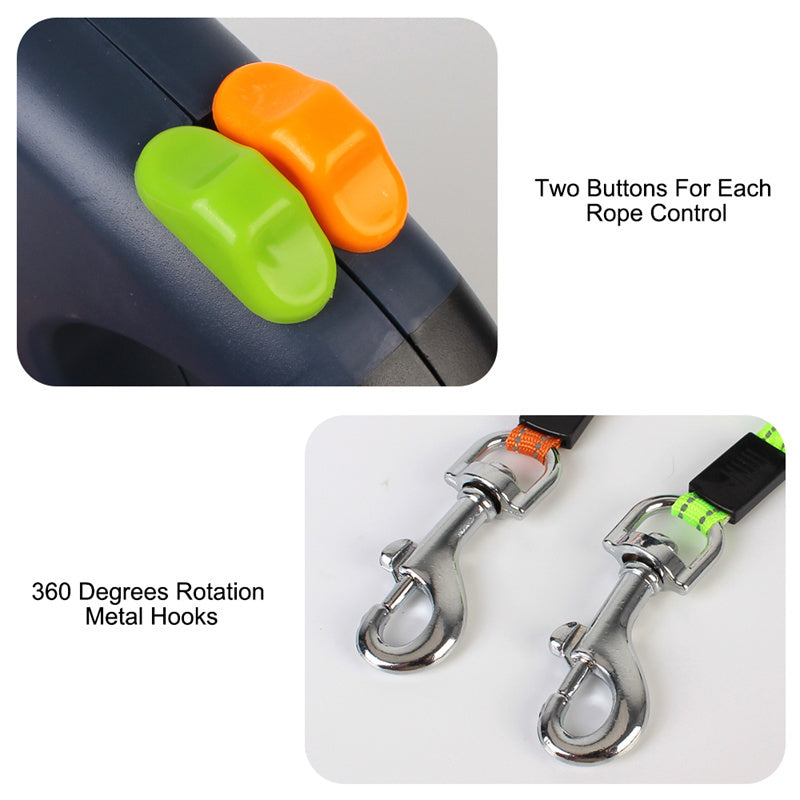 Reflective Swivel Dual Pet Retractable Dog Leash For Small Dogs with Light and Bag Holder