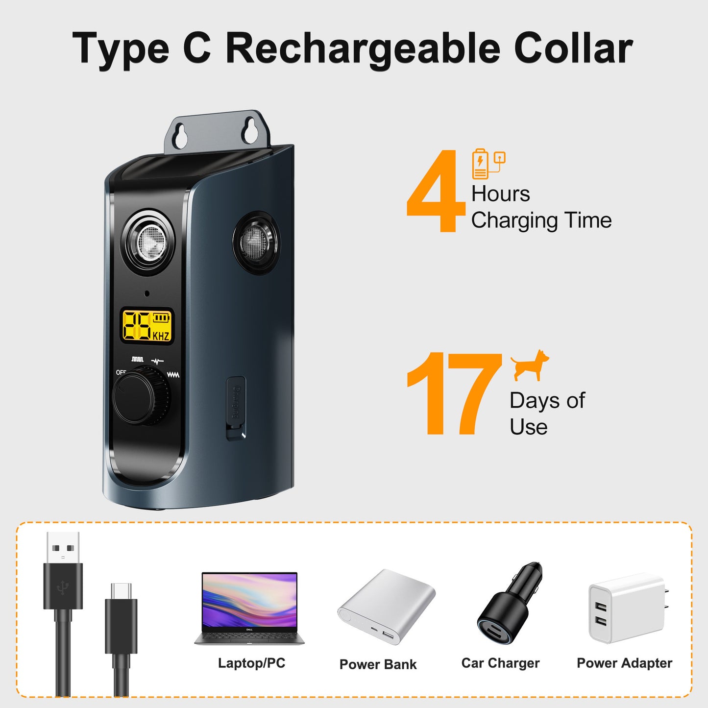 Type C rechargeable collar with charging time and usage duration information on a white background.